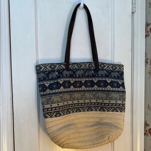 💙 🐘 Elephant Navy Print Straw/Canvas Tote Bag NEW